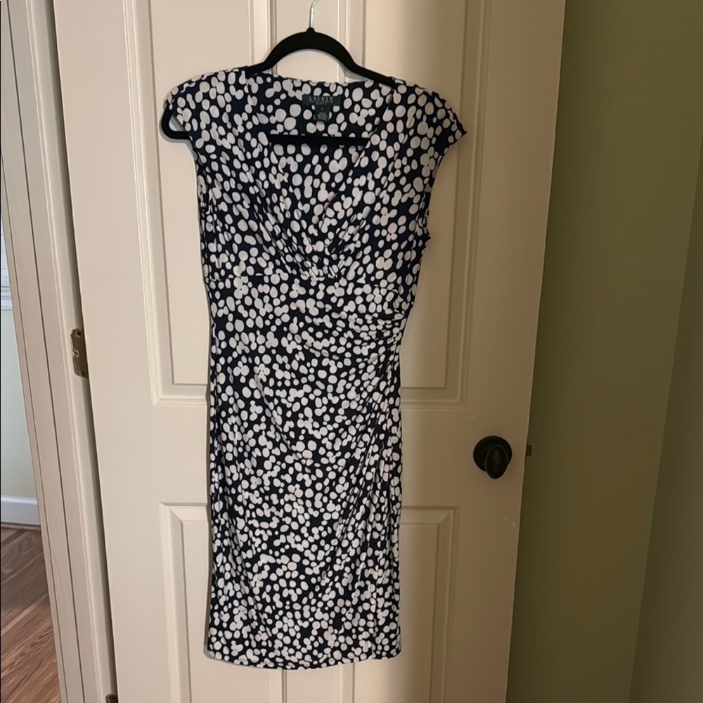 Ralph Lauren Navy and White Sheath Midi Dress Cap Sleeve